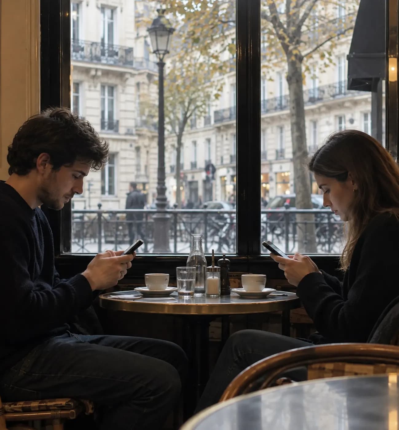 Deux personnes attablées face à face à la terrasse vitrée d'un café parisien, chacune absorbée par son téléphone